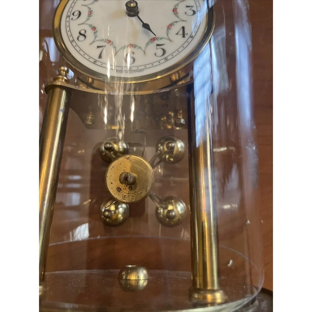 VTG Kieninger & Obershell Gold Torsion Clock w/Glass Dome & Key-Needs repair